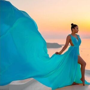 Gorgeous Long Flowy Satin Flying Maxi Dress Turquoise